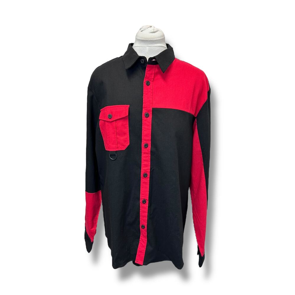 Reason Brand Mens Long Sleeve Linen Blend Button Down Shirt, Red/Black, size XL